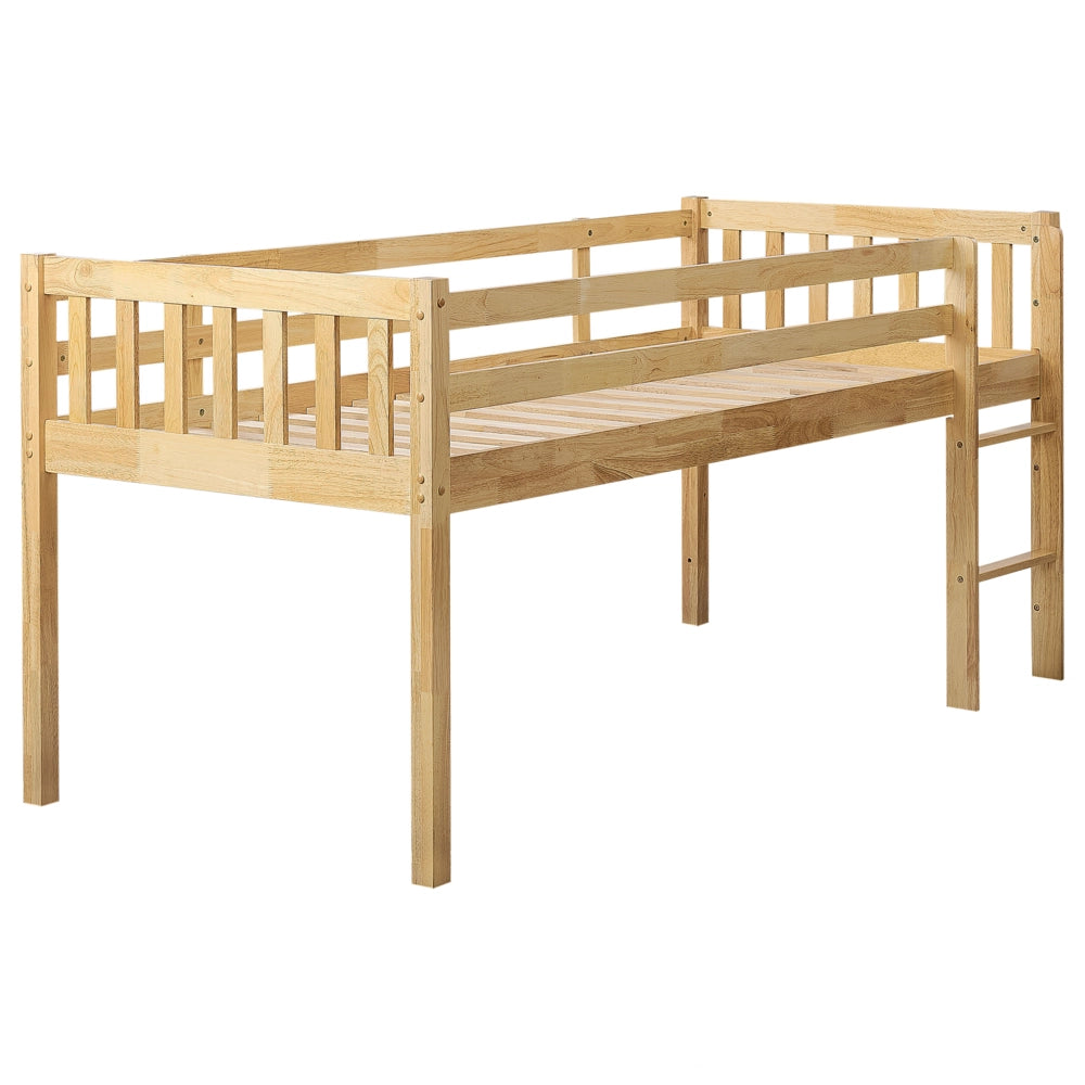 Letto singolo alto per bambini in legno di caucciù con rete a doghe in marrone chiaro 90 x 200 cm cameretta