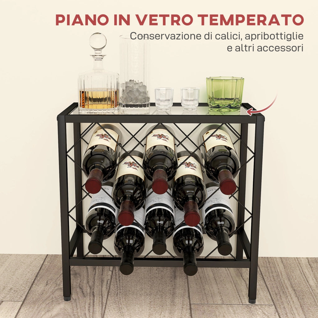 Portabottiglie per Vino 10 Bottiglie ¨C Xylo ¨C Acciaio Nero con Piano in Vetro Temperato 41x22x41 cm
