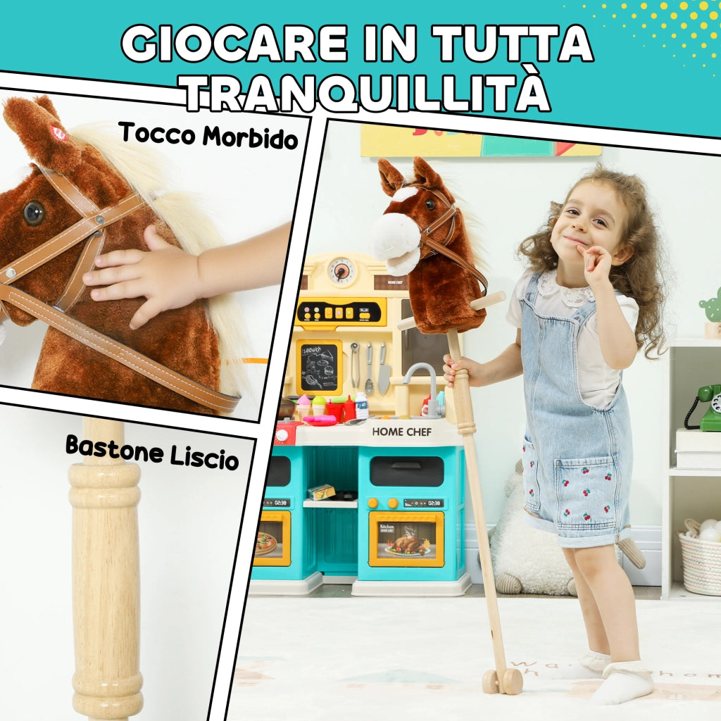 Cavallo con Bastone e Suoni Realistici per Bambini in Poliestere e Legno Marrone
