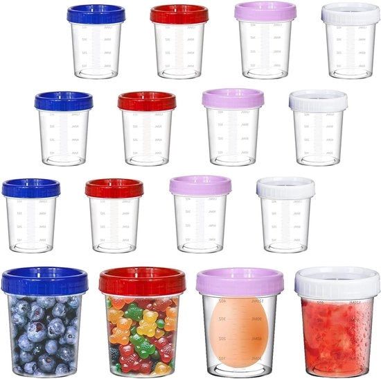 Contenitori per alimenti 120 ml - Contenitori riciclabili in plastica con divisione in parti uguali - Coperchio trasparente - Set da 16 pezzi - Adatti per frutta, yogurt, biscotti