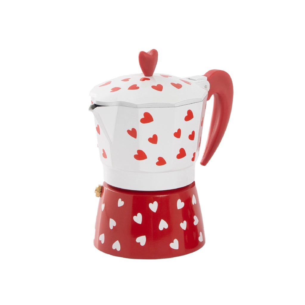 Caffettiera Moka Caffè 3 Tazze in Alluminio Bianca e Rossa con Cuori, Manico Ergonomico