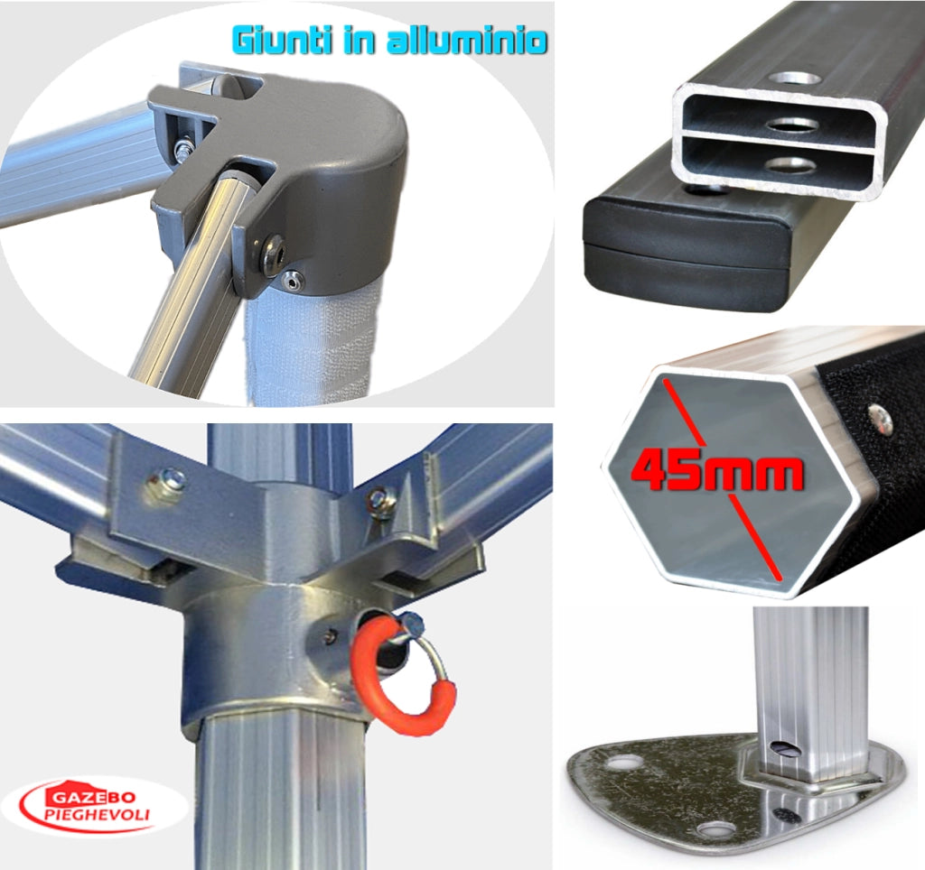 Gazebo 3x3 m blu certificato IGNIFUGO SENZA laterali pieghevole alluminio piantone esagonale 45mm portatile estendibile richiudibile estensibile acciaio per fiere eventi stand chiosco tenda tendone mercato mercatino