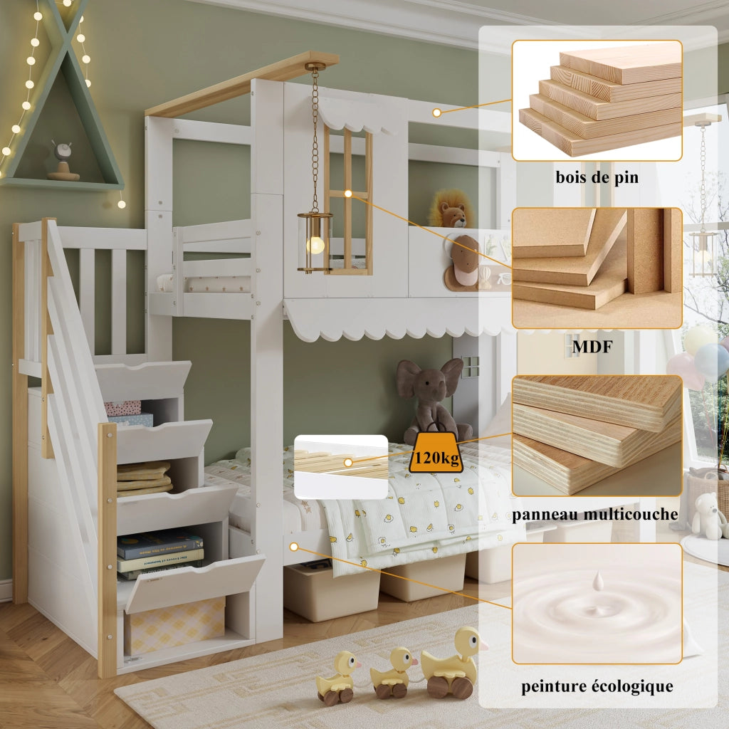 DESMIU Letto a castello per bambini 90 × 200 cm con scala contenitore, finestre decorative e senza materasso