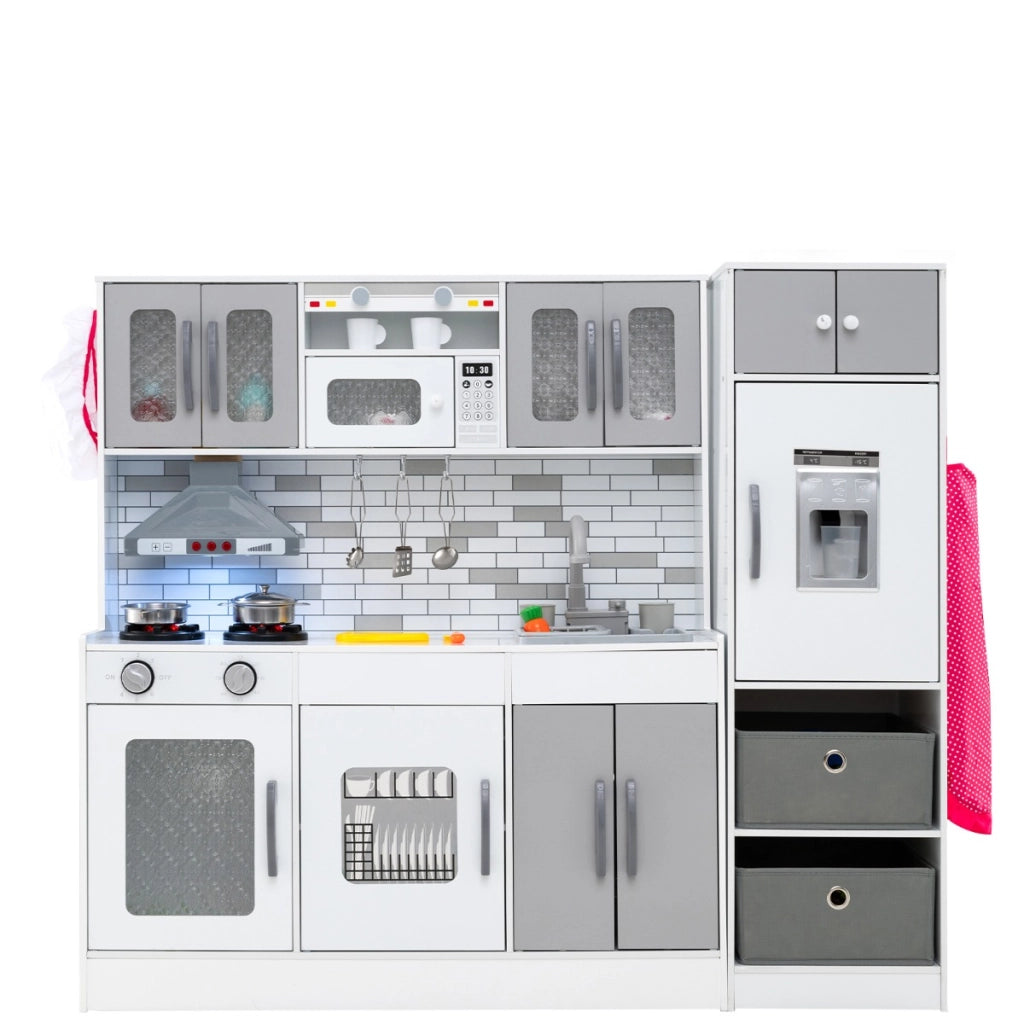 Cucina legno da gioco con spazio di stoccaggio e accessori, Cucina legno da gioco con luci e funzioni interattive Grigio