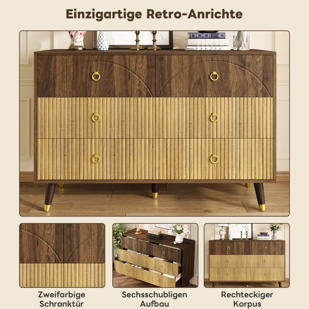 Credenza con 6 Cassetti; Maniglie ad Anello in Metallo Dorato; Stile Vintage; in MDF; 120??40??81 cm; Naturale