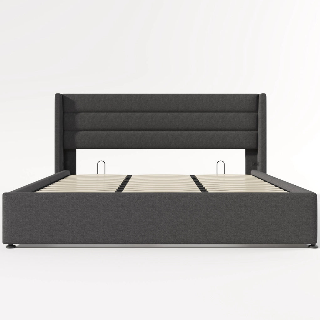 Letto imbottito 214.5x193.5x114 cm con contenitore e rete sollevabile in lino grigio
