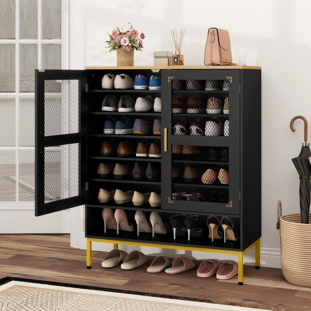 Armadio porta scarpe in legno con ripiani regolabili e gambe in metallo, Armadio porta scarpe a 7 livelli con porte in rete Nero
