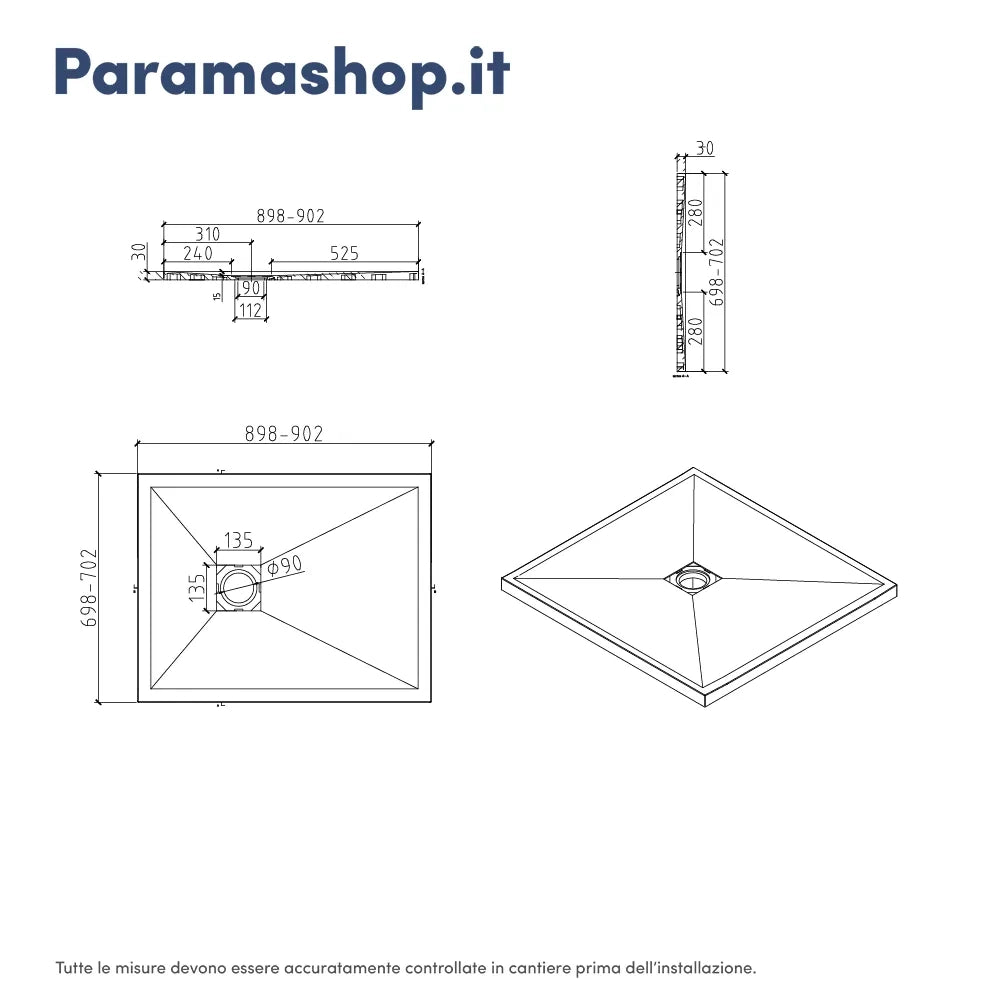 Piatto doccia rettangolare 70x90 cm in marmoresina bianco effetto pietra h3 cm | Milos