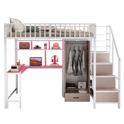Letto a Soppalco 140x200 cm - Scrivania; Armadio; LED; USB e Type-C - Metallo; Bianco