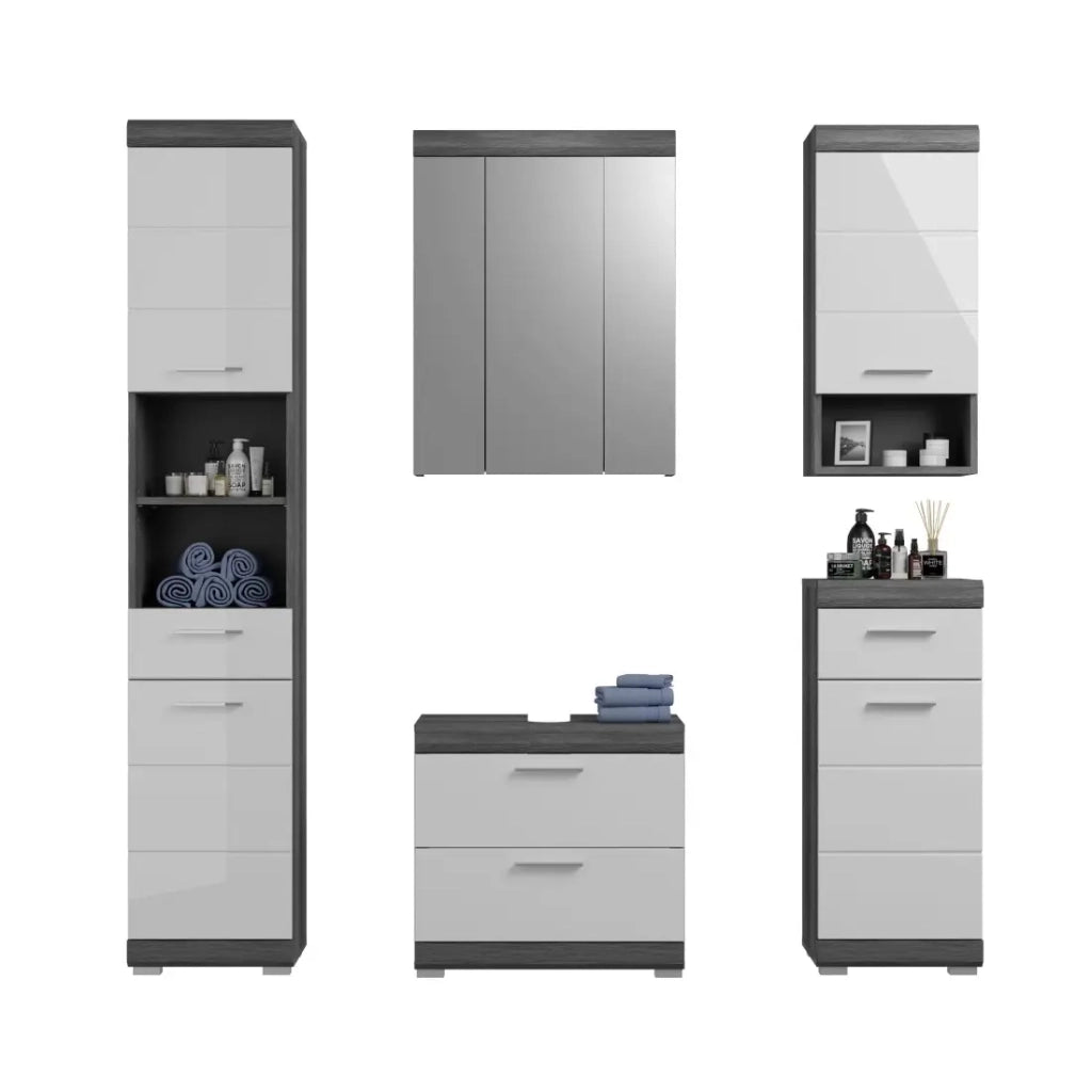Set bagno SCOTT - Mobile sotto lavabo, colonna, 2 mezze colonne e specchio
