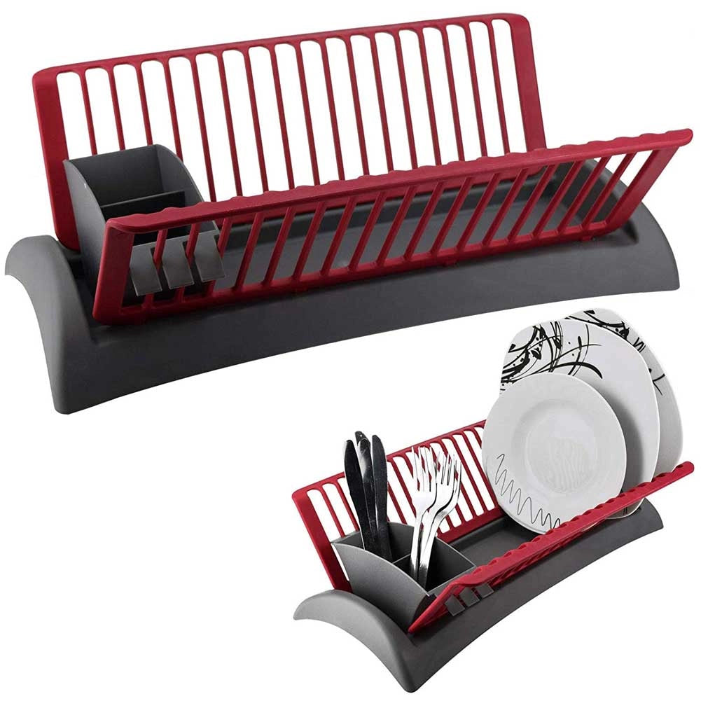 Scolapiatti Cola Piatti in Plastica con Scola Posate Cucina 46x26x14cm Rosso