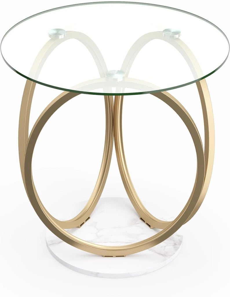 Tavolino da Salotto in Vetro, Tavolino da Caffè Rotondo con Struttura Geometrica ad Anello in Metallo Dorato a Forma di Cerchio, Tavolo Basso per Soggiorno, Ufficio e Studio