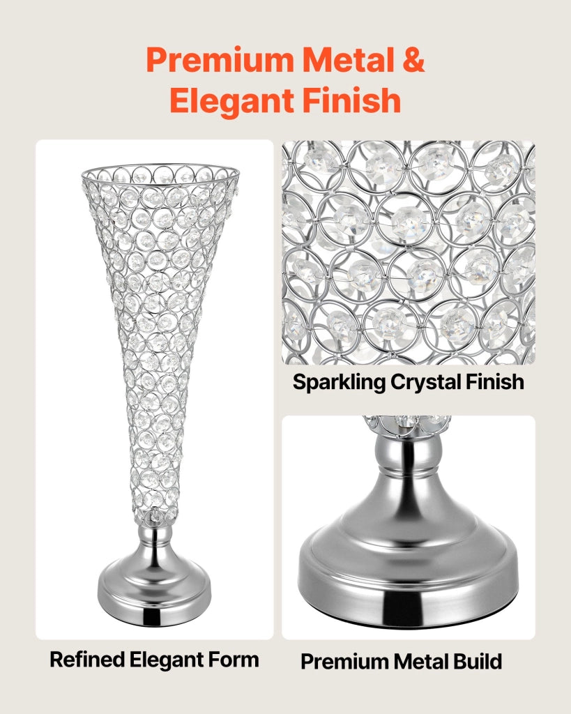 Vasi Decorativi Centrotavola in Metallo e Cristallo, Altezza 51 cm, Set da 4 Pezzi Portafiori Argento per Feste e Banchetti