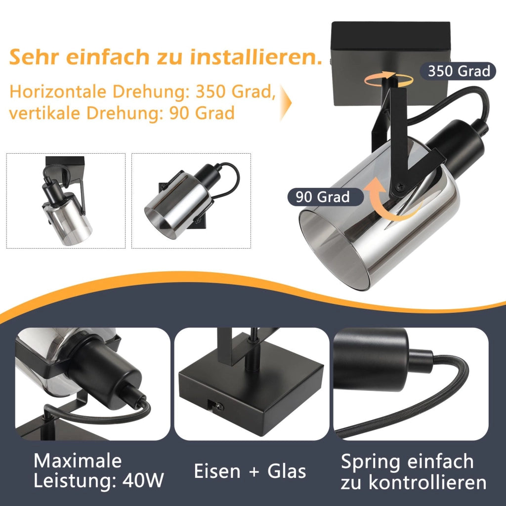 ZMH Faretto da soffitto 1 fiamma vetro grigio fumé retrò E14 per camera letto corridoio