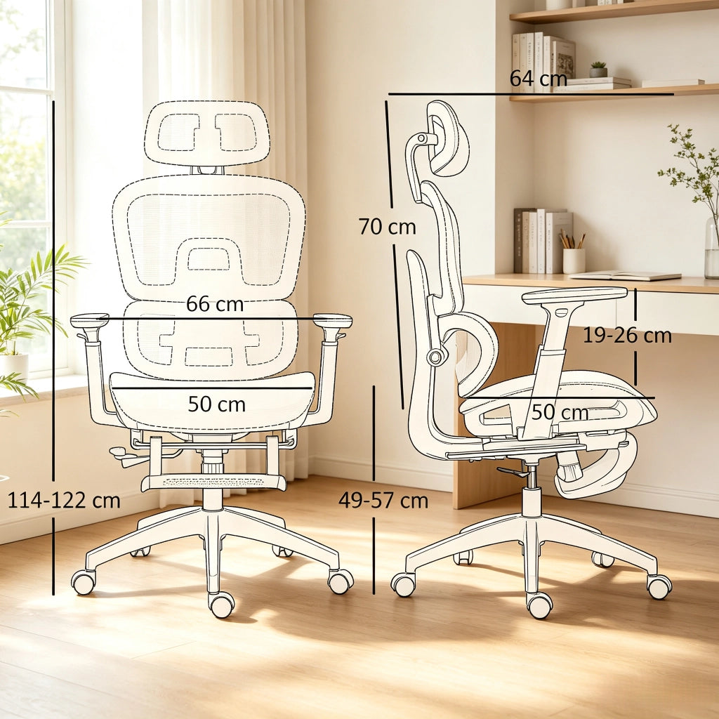 Sedia da ufficio ergonomica in mesh con poggiatesta regolabile, supporto lombare e poggiapiedi beige