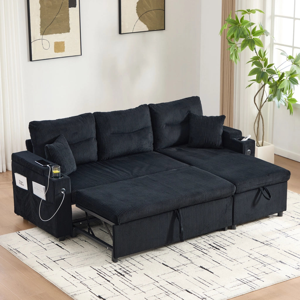 Divano angolare convertibile con chaise longue idraulica, letto estraibile, USB-C e vano contenitore in corda nero