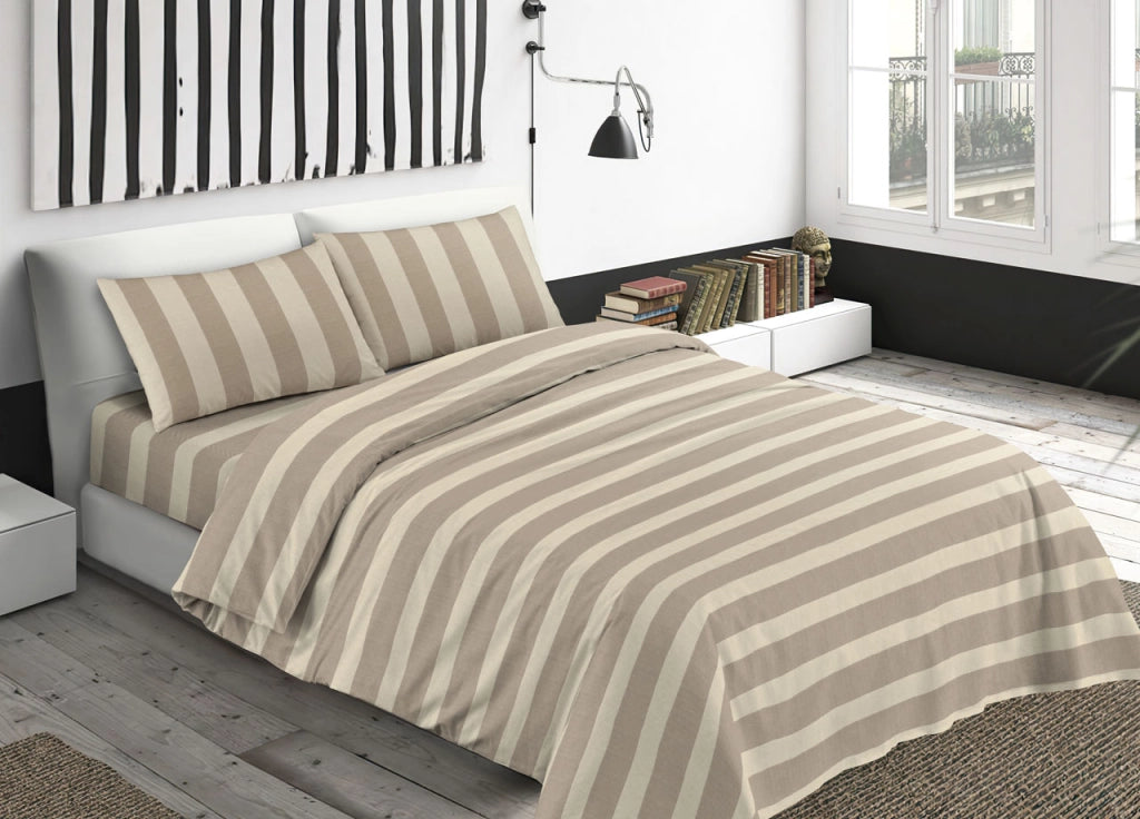 Completo Lenzuola Letto Camera In 100% Cotone Made Italy Vari Disegni RP - Piazza 1-2 - Riga Larga Beige