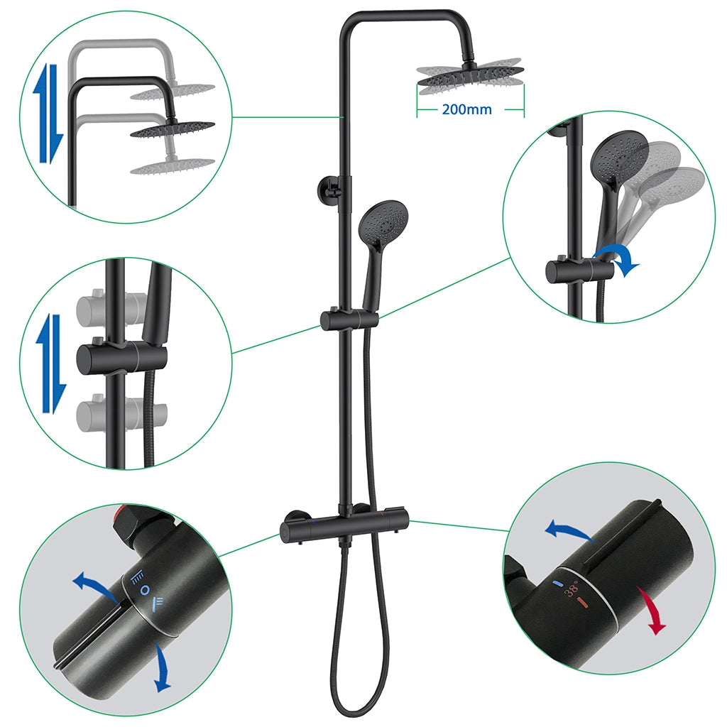 Colonna Doccia Nero AICA ITALY Colonna Doccia Idromassaggio con Soffione Tondo da 20cm in Acciaio Inox