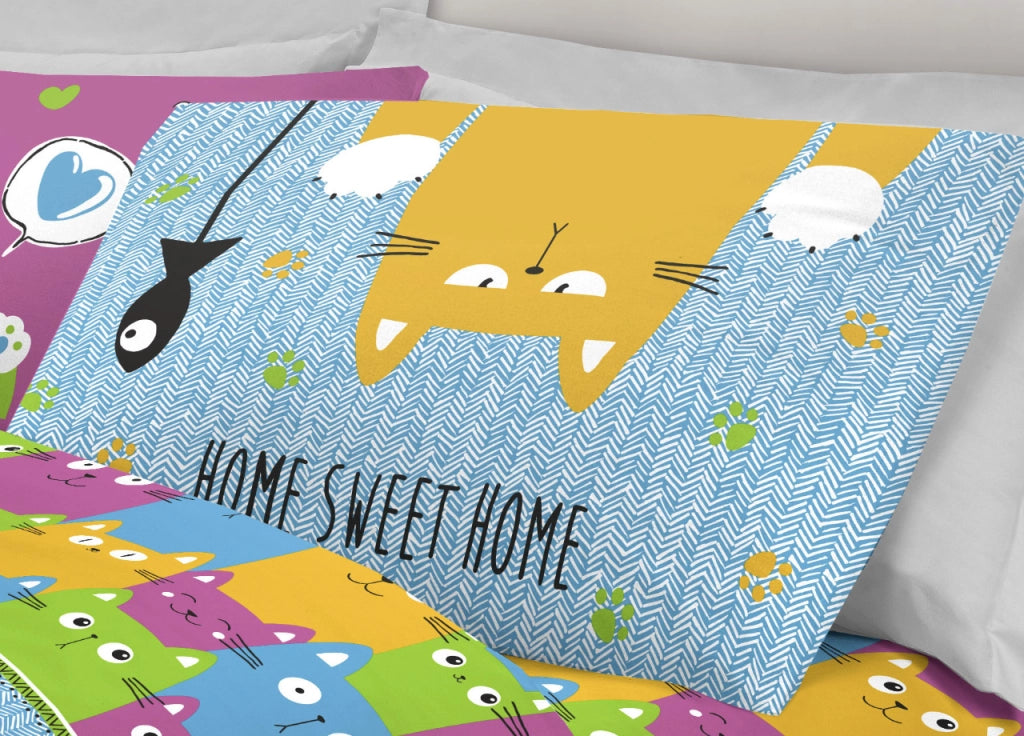Completo Lenzuola Letto Pensieri Delicati 100% Cotone Dis. Happy Cat Multicolor - Singolo - Multicolor