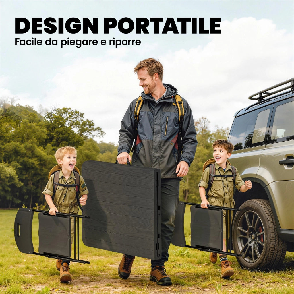 Set 5 Pezzi Tavolo e Sedie da Campeggio con Tavolino Pieghevole e 4 Sedie in HDPE e Metallo Nero