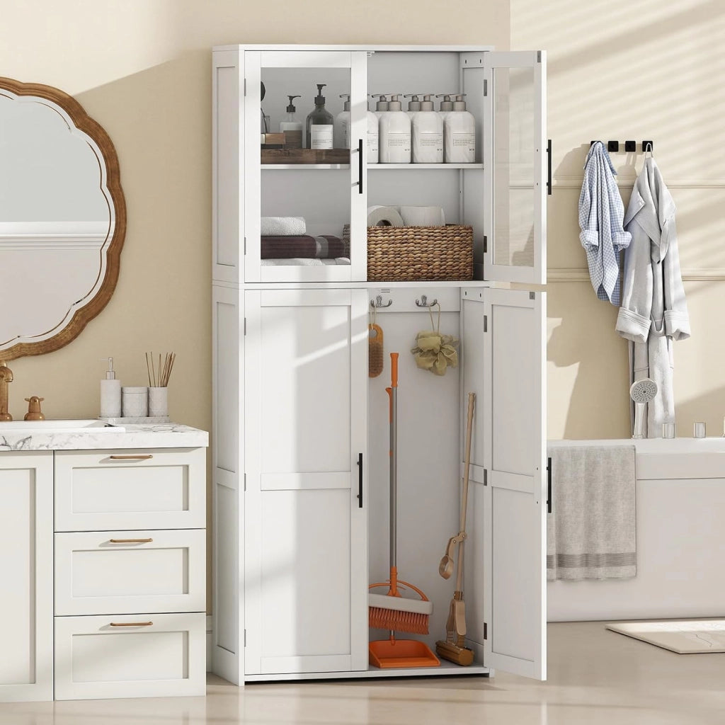 Armadio alto da bagno, colonna bagno, 4 ante, ripiani regolabili e 2 ganci, mobile moderno per cucina, soggiorno, 70 x 30 x 168,5 cm, bianco
