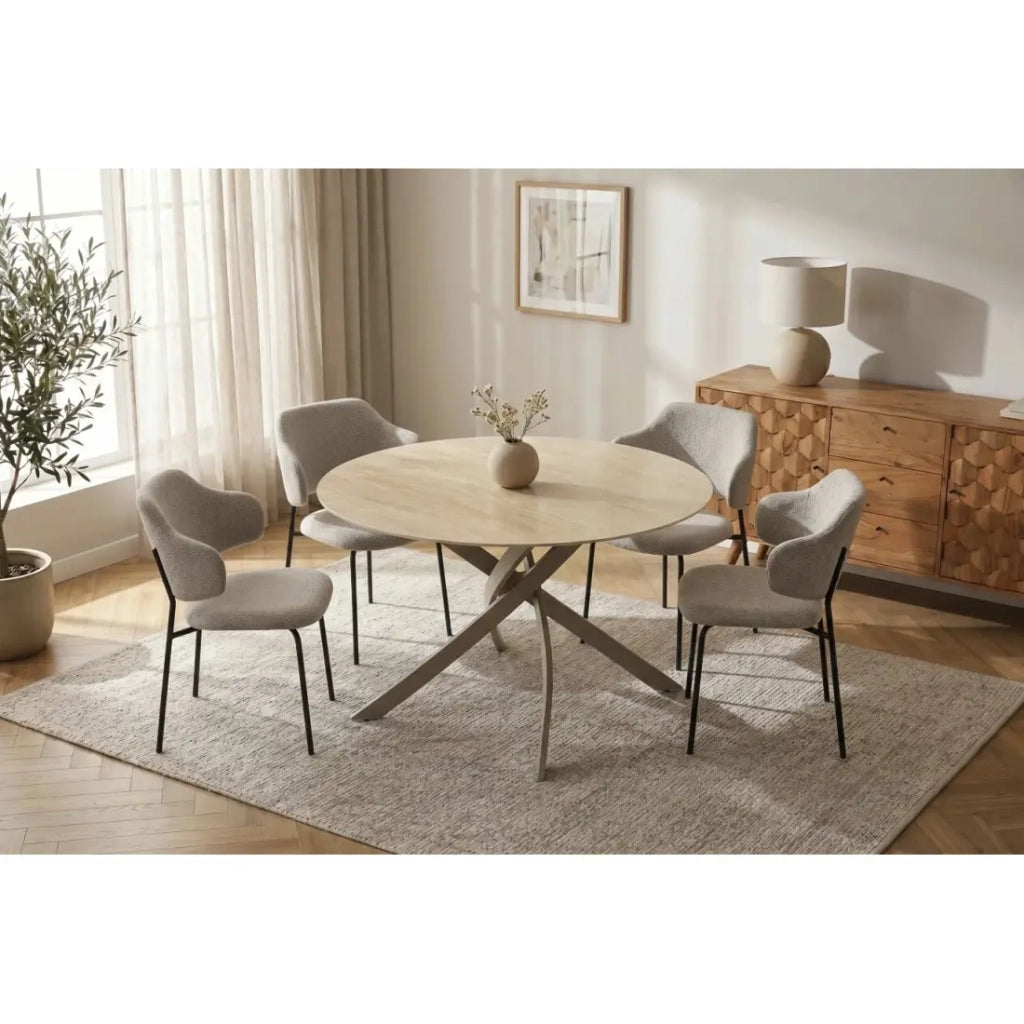 Tavolo da pranzo rotondo ARAVIS 120 cm - Ceramica beige effetto pietra e gambe design marrone