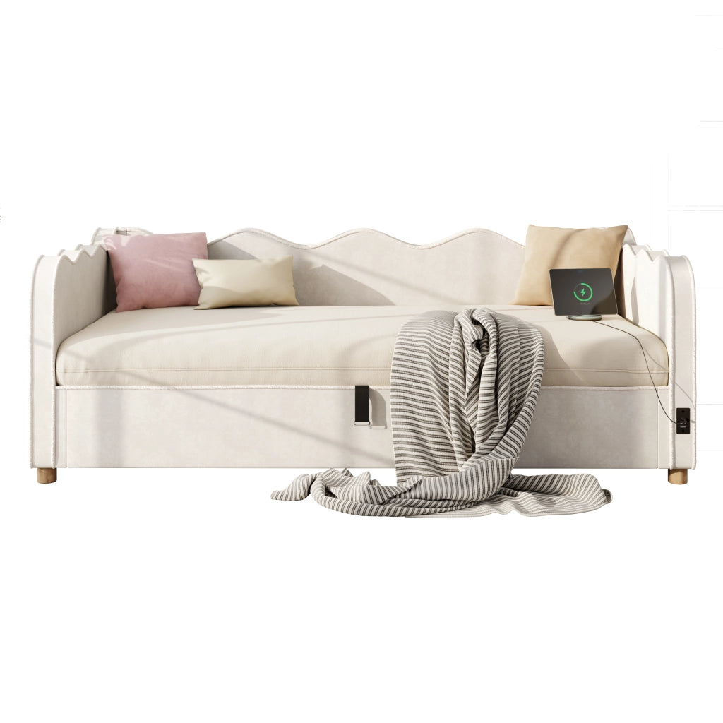 Letto contenitore 90×200 cm; letto 1 piazza con vano idraulico; USB e type-c; senza materasso; in velluto beige