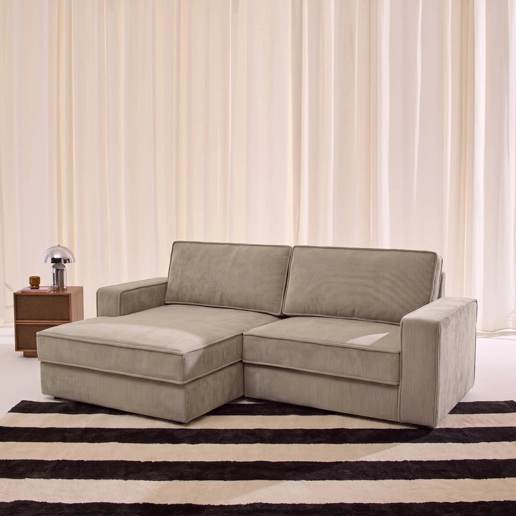 Divano angolare sinistro in velluto a coste, 3 posti, beige