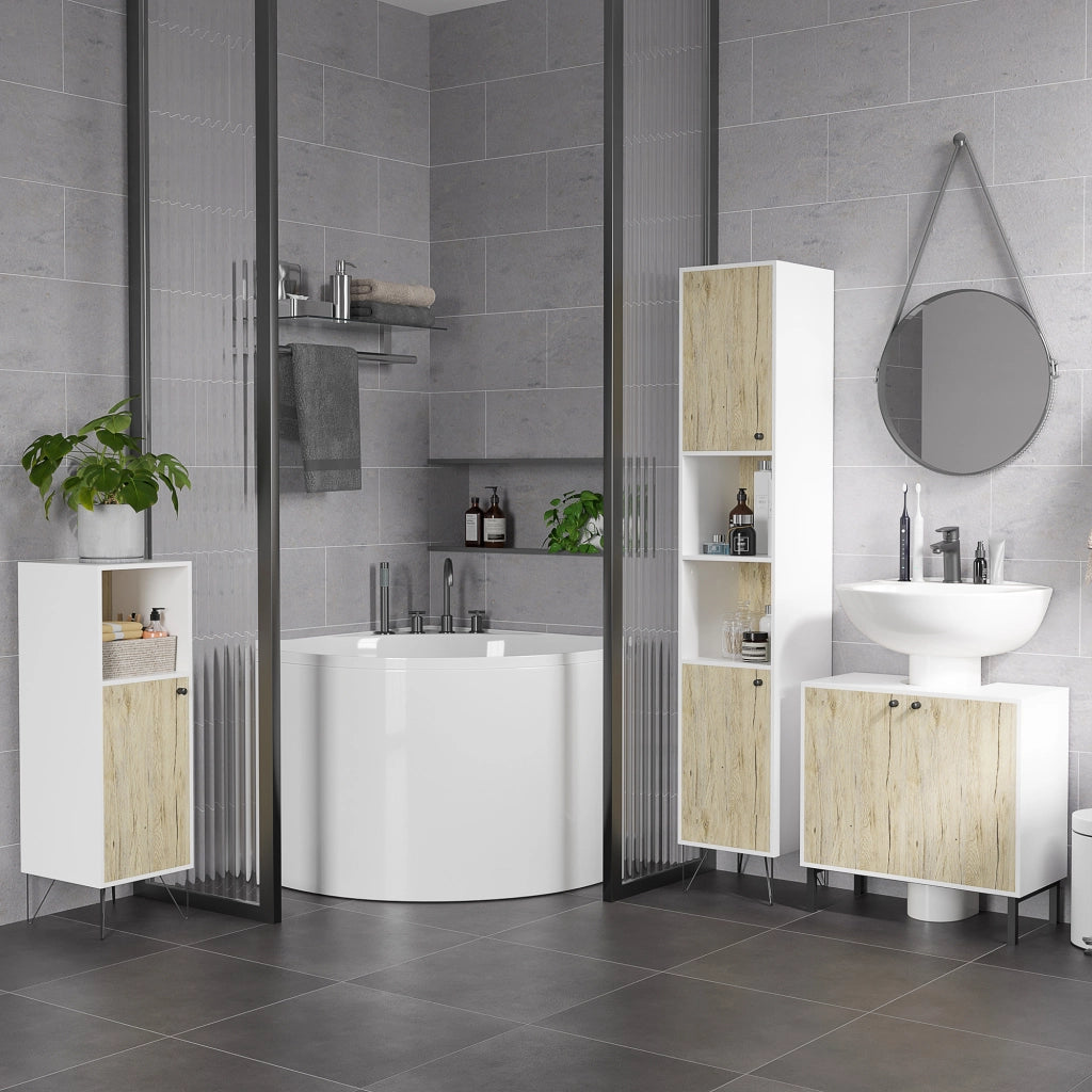 Mobile Bagno con Anta e Ripiano Aperto ¨C zephmum ¨C Legno, Quercia e Bianco, 31.5x30x91cm