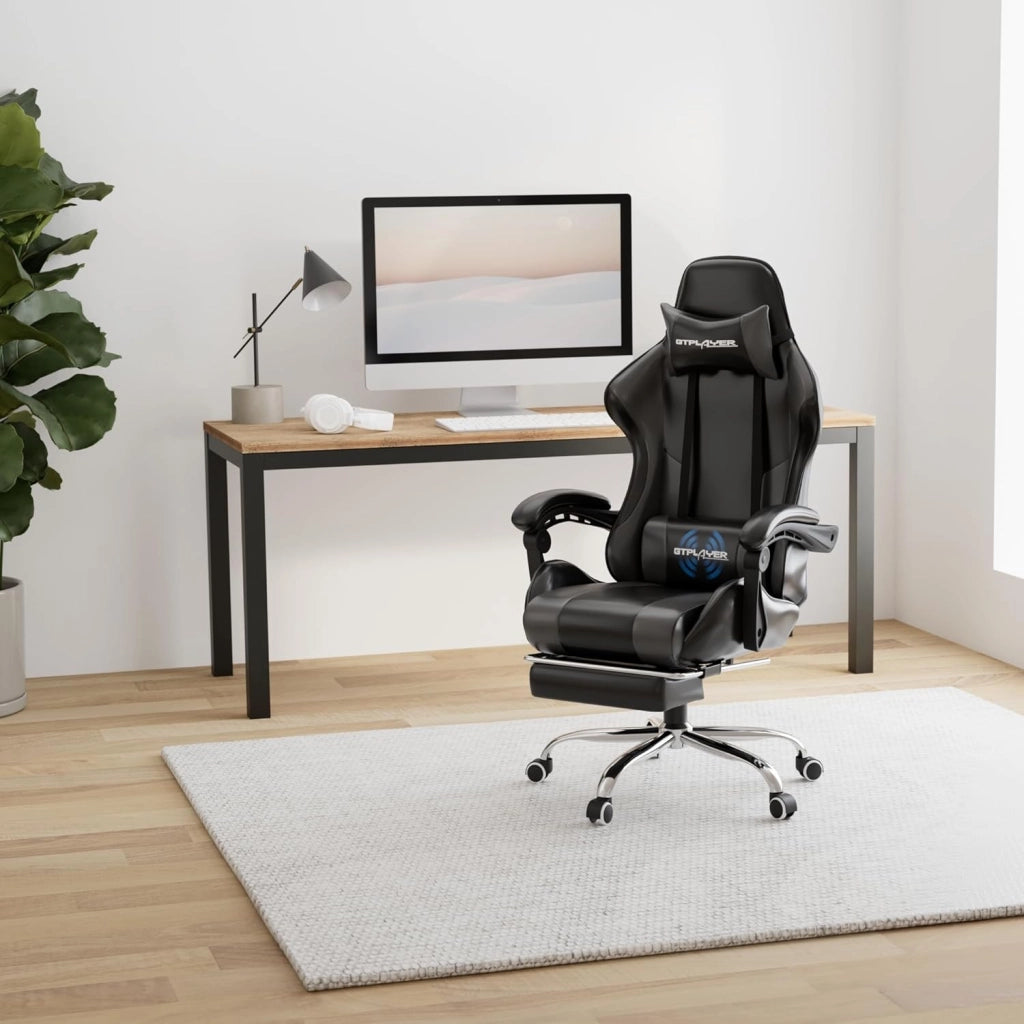 Sedia da Gaming, Ergonomico Sedia da Ufficio, con Massaggiante poggiapiedi e supporto lombare, Schienale Regolabile 90-135°, Portata 150 kg, sedia per computer, Nero