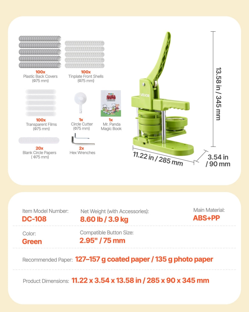 Macchina per spille 75 mm DC-108 in ABS e PP verde, pressa manuale per fai da te con 100 accessori, ergonomica e pratica