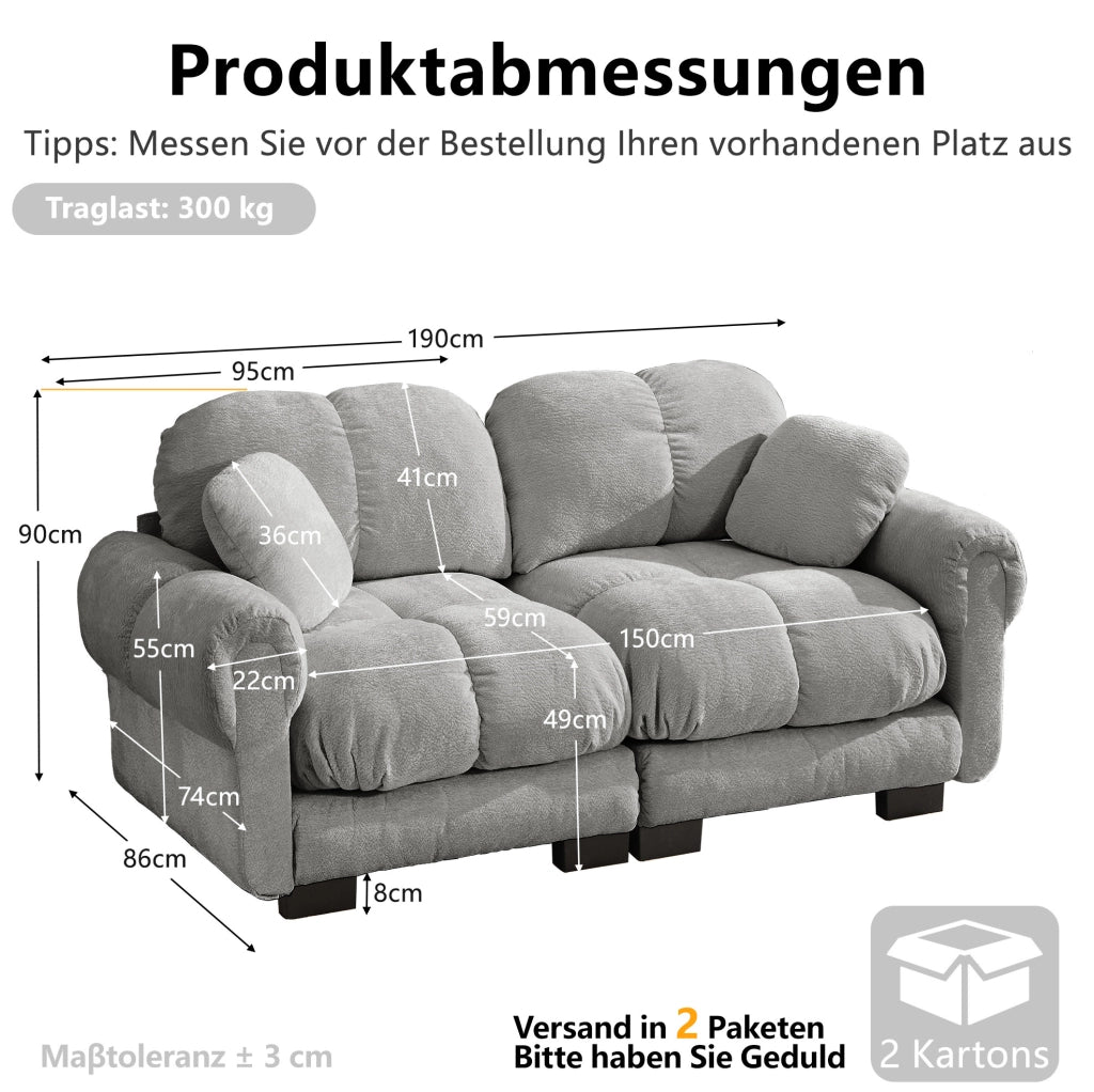 Divano modulare 2 posti 190x86x90 cm in ciniglia con cuscino; grigio chiaro
