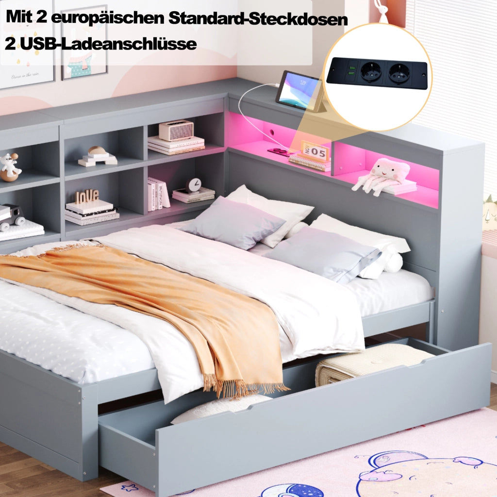 OKWISH Letto Divano 140×200 cm, Letto Matrimoniale con 2 Cassetti Grandi, USB, LED Regolabile e Mensole, senza Materasso, Legno, Grigio