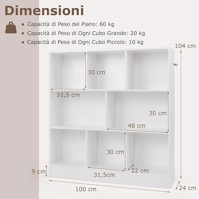 Libreria a 8 Cubi, Organizzatore di Stoccaggio a 3 Ripiani con 2 Kit Anti-Ribaltamento, Scaffale Multiuso in Legno per Soggiorno, Ufficio Stanza Bambini, 100x24x104 cm (Bianco)