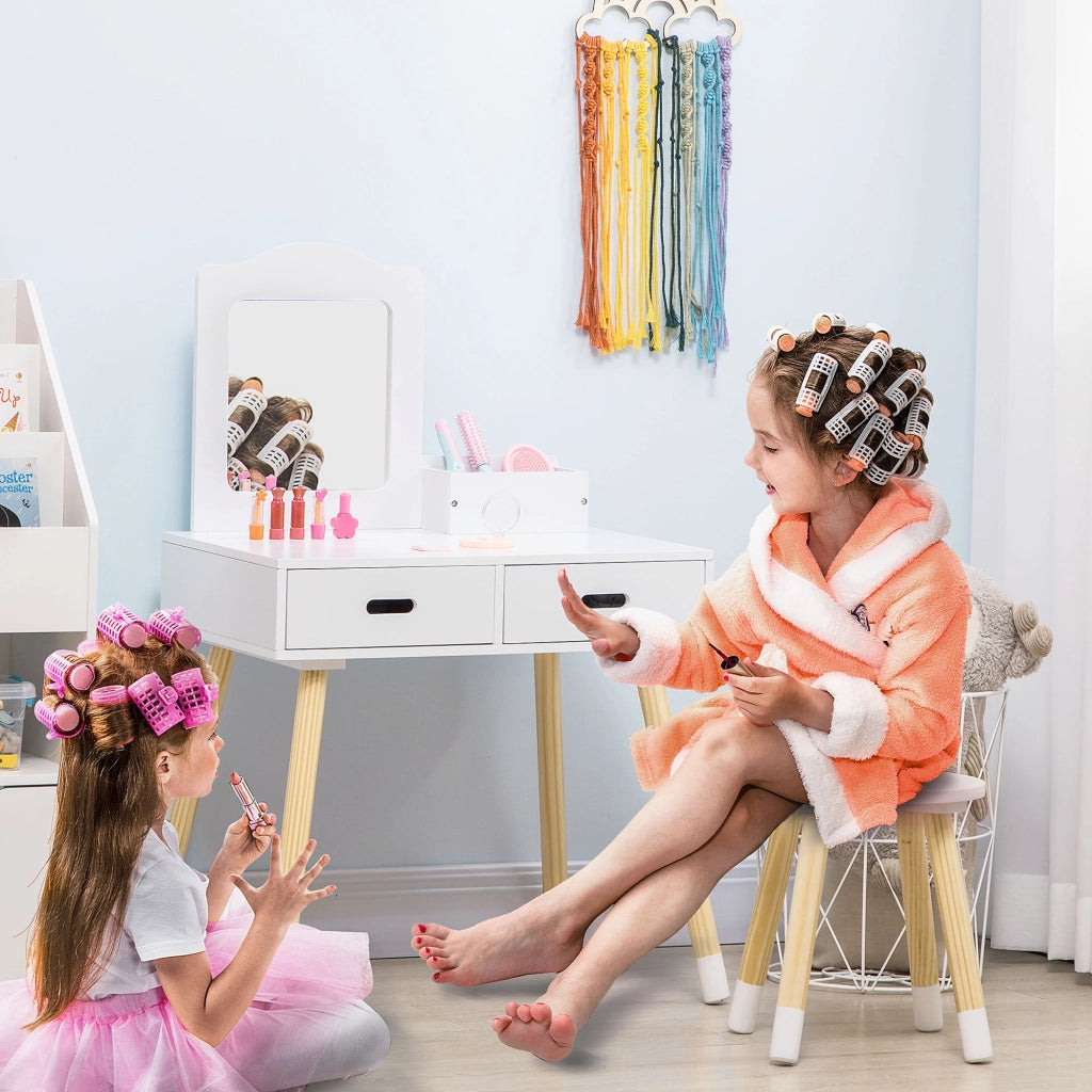 Set Toeletta per Bambini con Tavolo Trucco, Sgabello, Specchio e 2 Cassetti ¨C zephmum ¨C Bianco e Legno