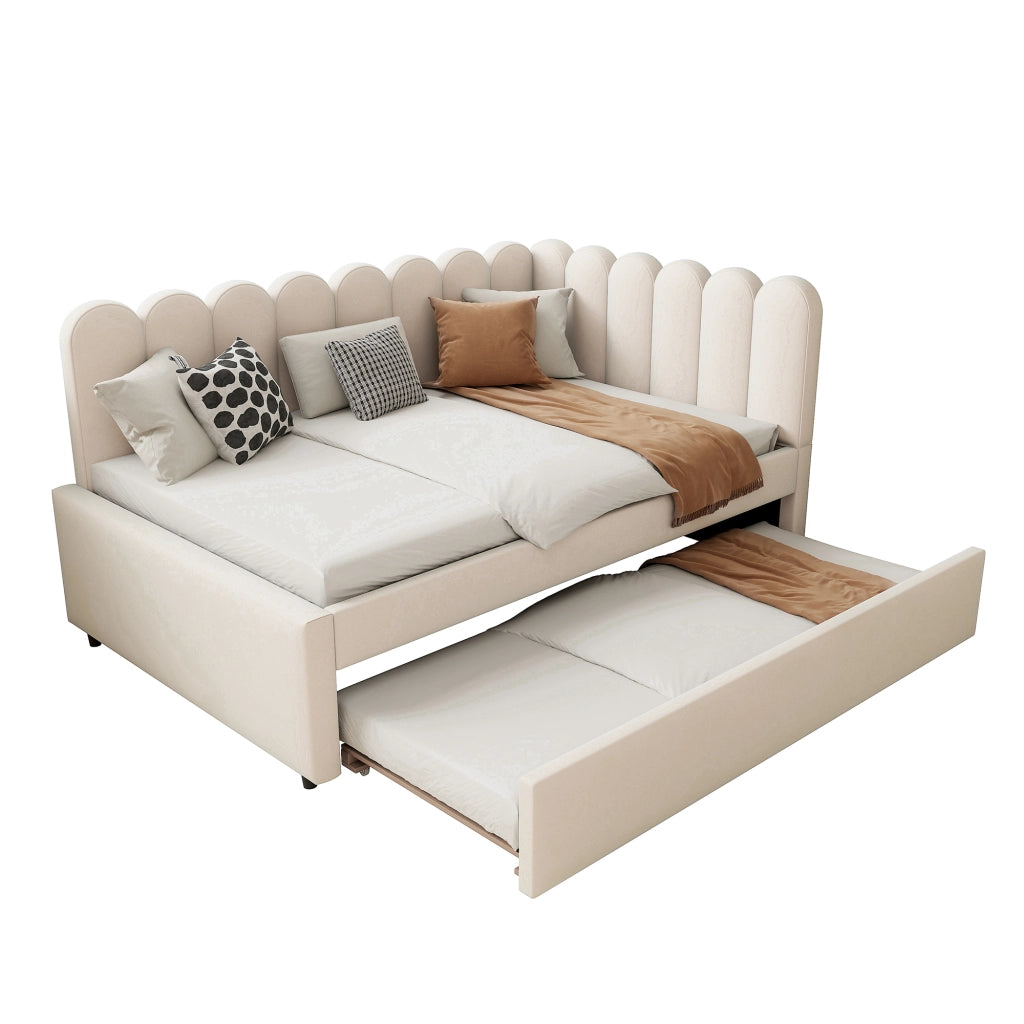 OKWISH Letto Divano 140×200 cm, Letto Matrimoniale con Letto Estraibile e Schienale a Petali, senza Materasso, in Velluto, Beige