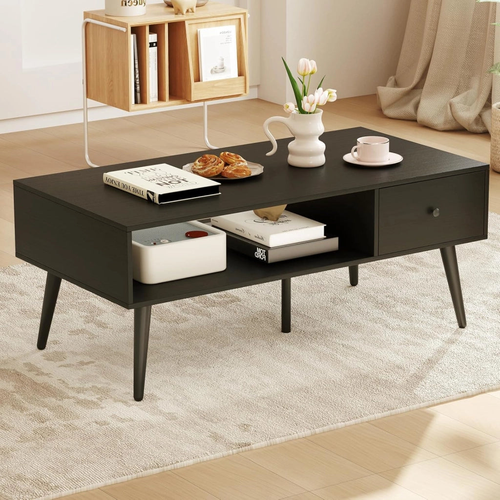 Tavolino da salotto in stile industriale, stile vintage, tavolino da caffè con 1 cassetto e 1 spazio aperto, per TV, con 4 gambe di pino, 109 x 55 x 44,5 cm (antracite)