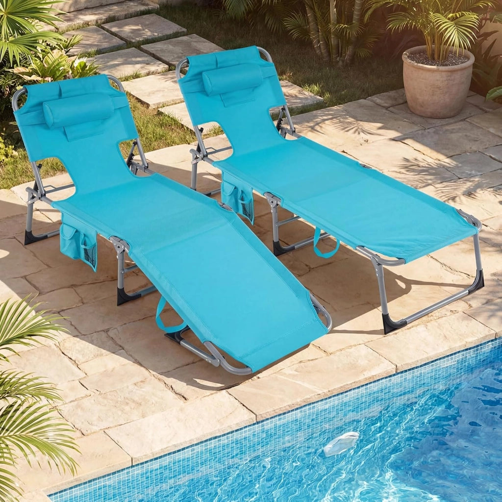 Lettino Prendisole da Spiaggia, Sdraio Mare Pieghevole Portatile con Foro per Viso e Braccia, Cuscino e Tasche Laterali, Schienale Regolabile 4 Posizioni, Portata 150 kg (Turchese)