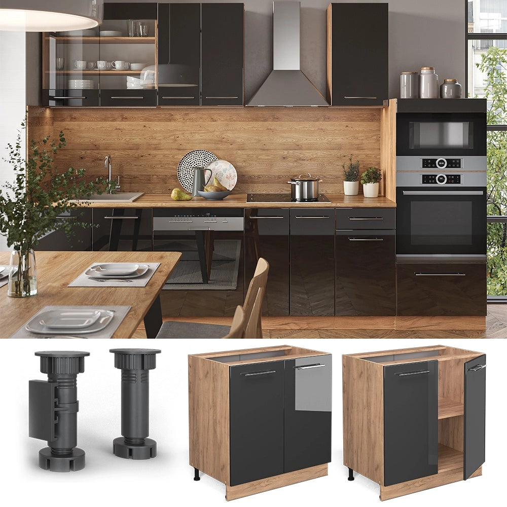 Mobiletto base cucina Fame-Line Antracite lucido/Rovere dorato 80 cm con ripiano, senza piano di lavoro Vicco