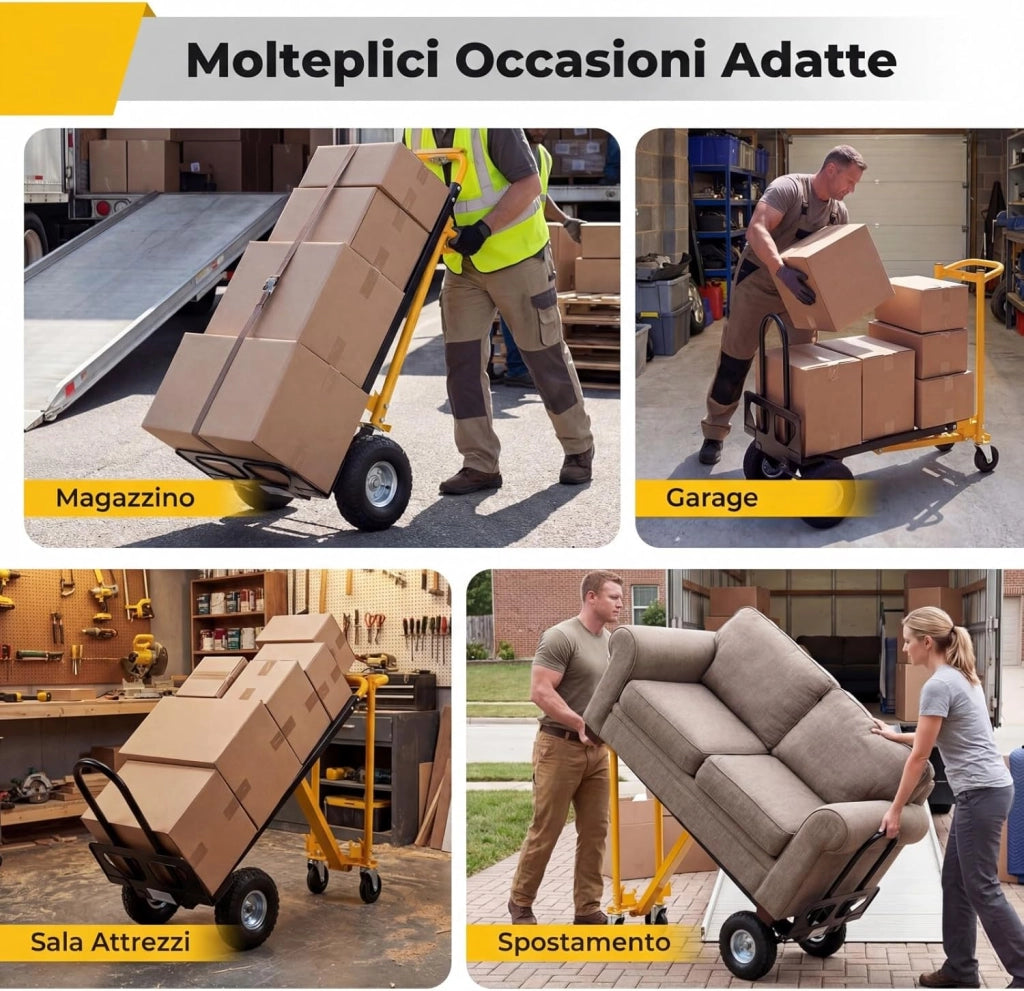 Carrello a Mano 3 in 1, Carrello Pieghevole Trasportatore in Acciaio con Ruote in Gomma Pneumatiche e Manico Ergonomico, Carico 136 kg, per Uso Domestico, Industriale e Magazzino