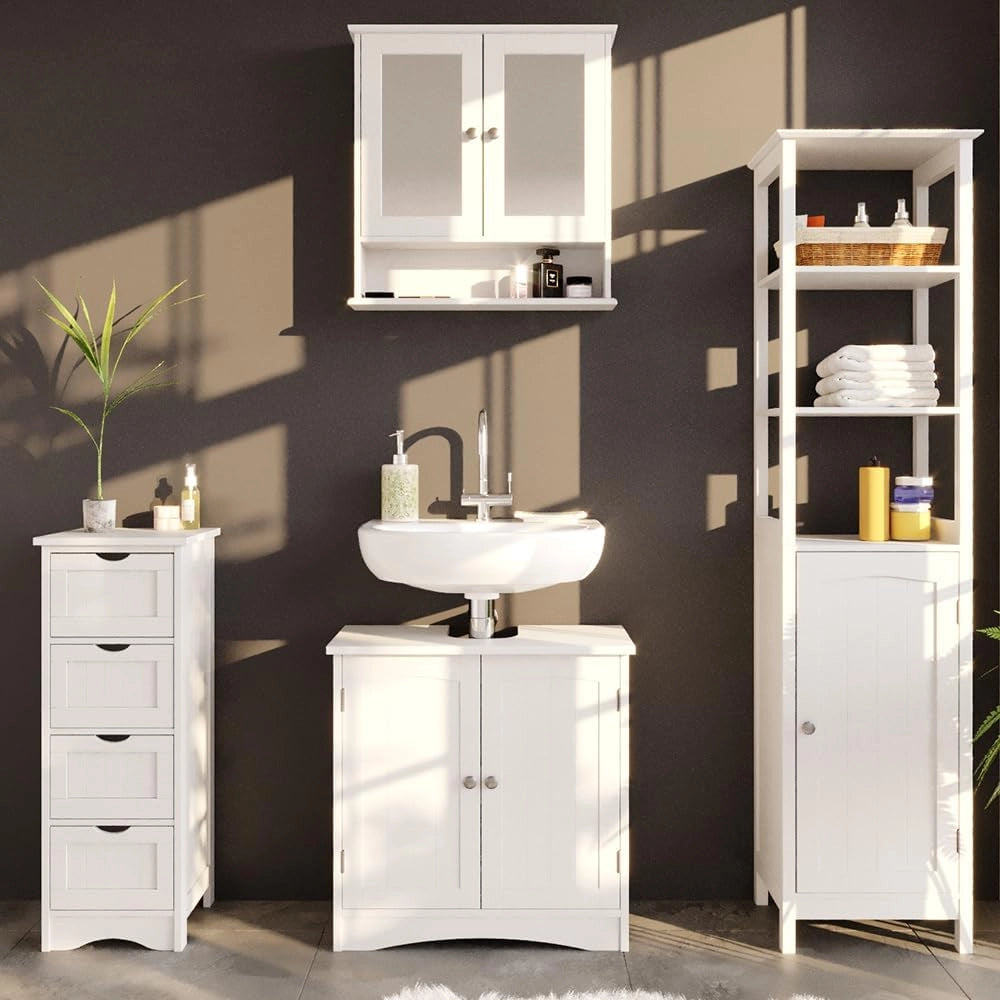 Cassettiera da bagno Bianco, Grigio, 30 x 81 cm, combinabile con altri mobili della serie Bianco