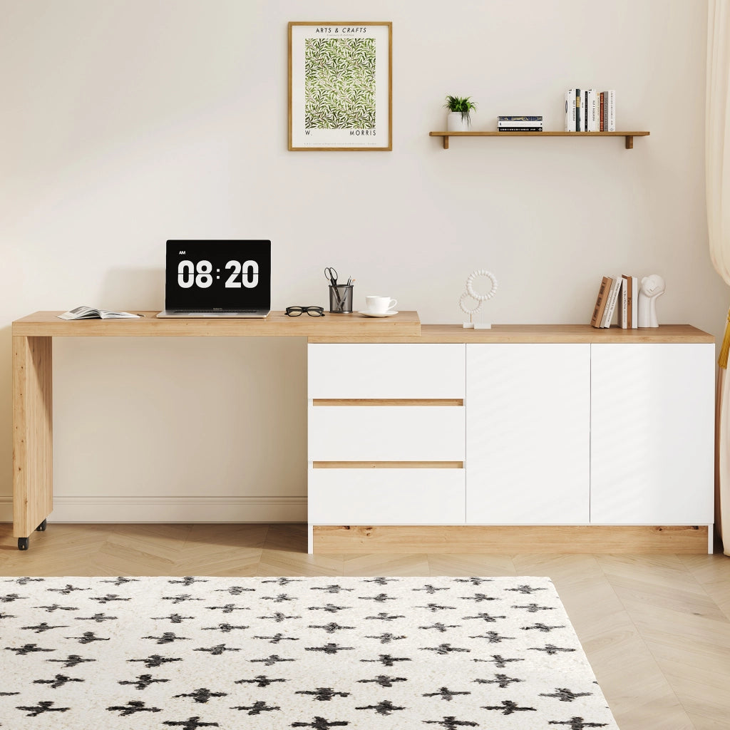 Scrivania pieghevole multifunzionale con 2 ante e 3 cassetti, girevole, per home office, bianco e rovere, 120 × 50 × 78 cm