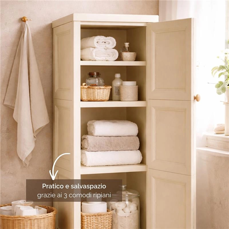 MOBILE IN PLASTICA ELEGANTE 3 MODULI ANGORA 40X43X125 CM CON ANTE EFFETTO LEGNO – CONTENITORE VERTICALE SALVASPAZIO DESIGN