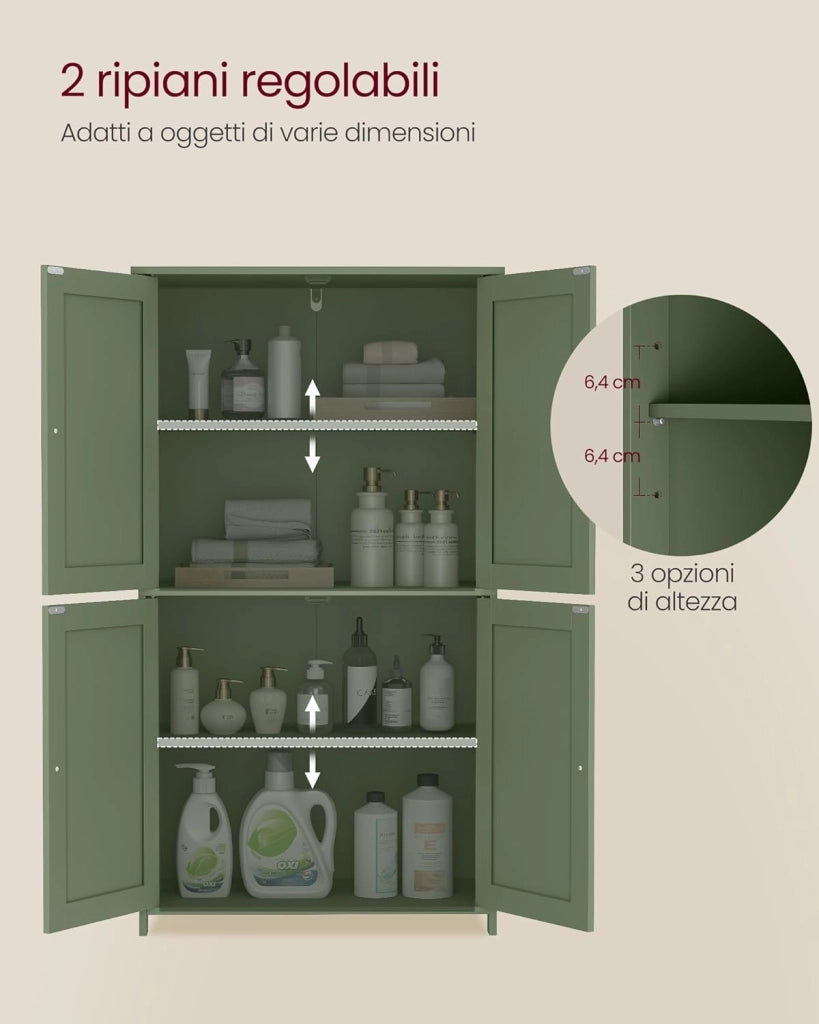 VASAGLE Mobiletto da Bagno, Armadietto con 2 Ripiani Regolabili, Portaoggetti con 4 Ante, Unità Alta Autoportante, per Cucina, Verde Foresta BBC553CH01