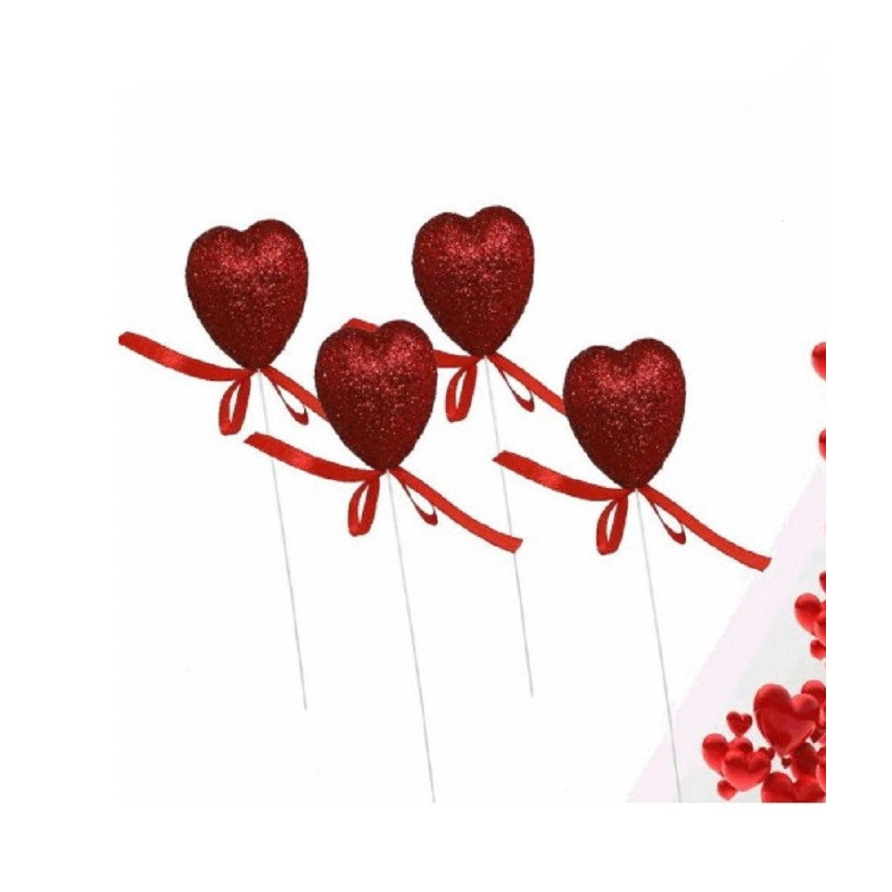 Trade Shop - Set 8 Cuori Glitterati In Polistirolo Con Stand Spillone 5cm San Valentino 68331 -