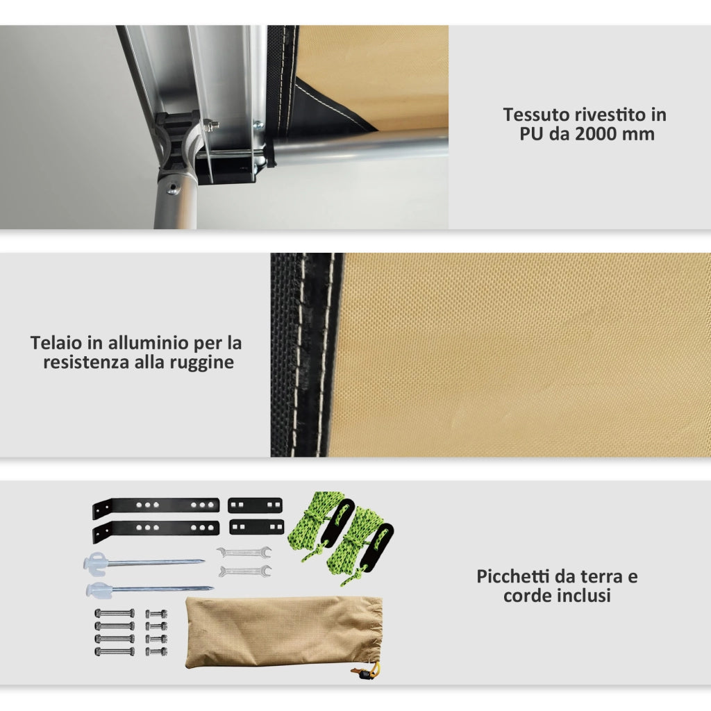 Tendalino da Tetto Auto Laterale e Impermeabile-Tenda da sole con Altezza Regolabile, 2.5x1.6m, Cachi