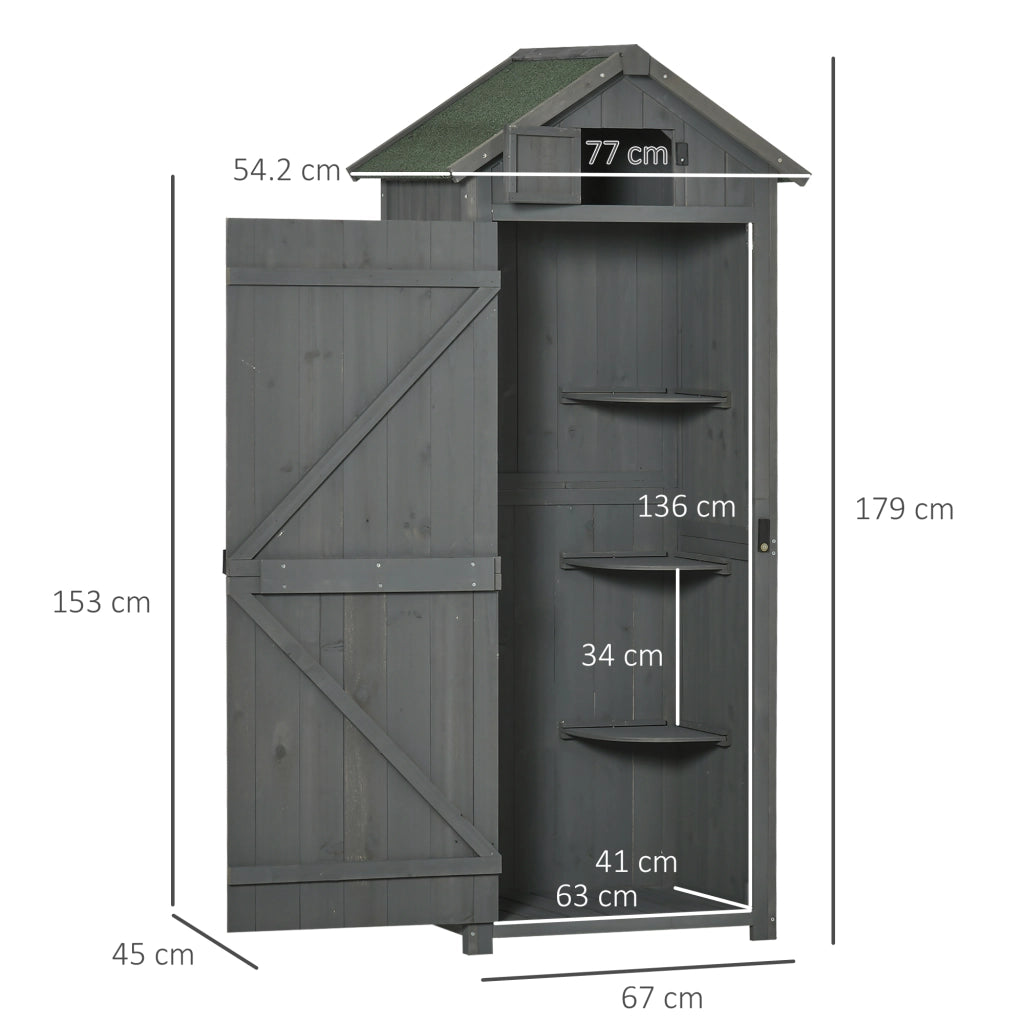 Armadio da giardino in legno con 3 ripiani removibili, tetto impermeabile e finestra, grigio, 77 × 54,2 × 179 cm