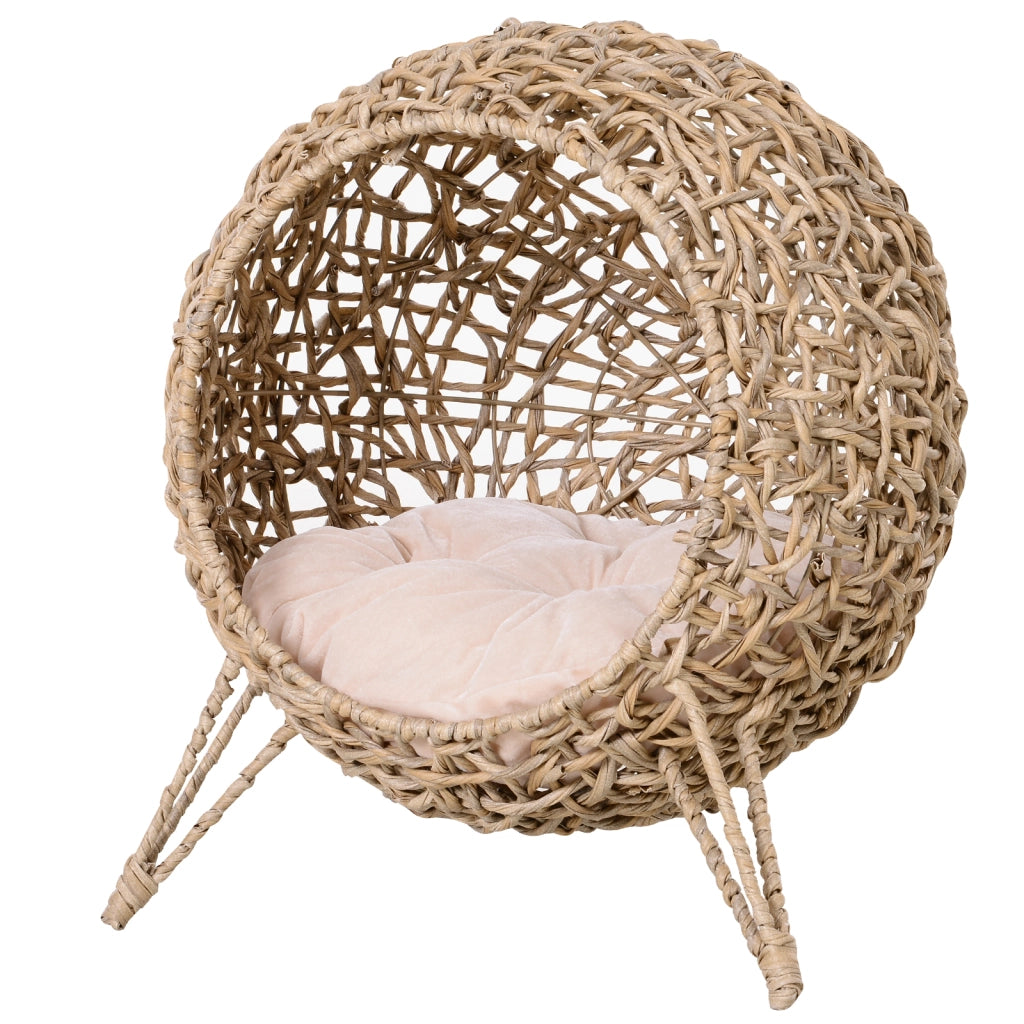 Cuccia Rattan per Gatti ¨C Xylo ¨C Base Treppiede Cuscino Felpa Naturale ¦µ52x58 cm