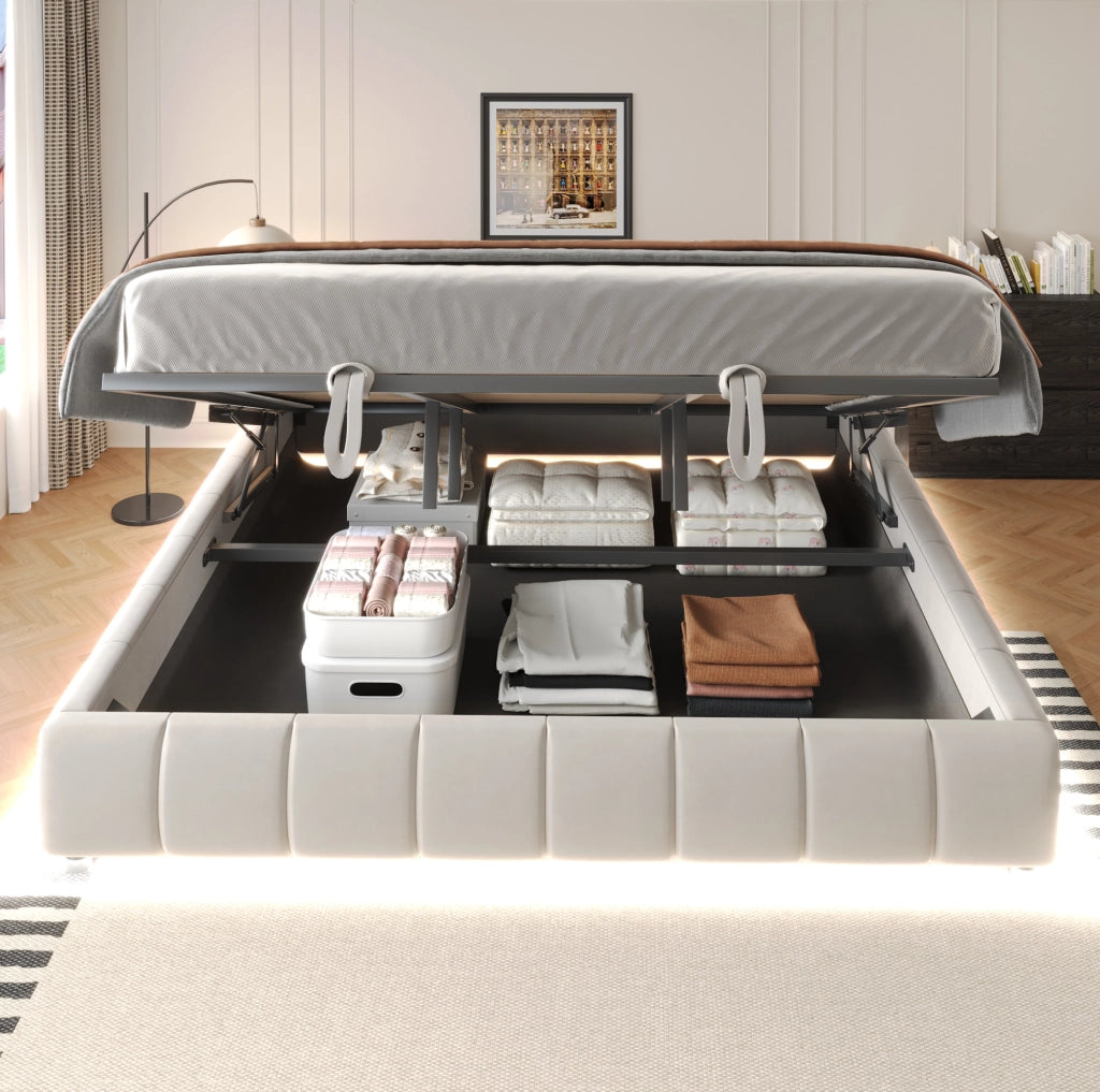 Letto imbottito 180x200 cm senza testiera con LED bianco e contenitore idraulico; beige
