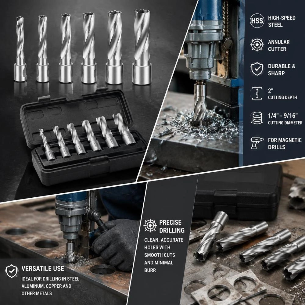 Annular Cutter Set, 6 Pcs Weldon Shank Mag Drill Bits Kit, 2" Cutting Depth,1/4" To 9/16" Cutting Diameter, HSS, 6 Drill Bits With Plastic Case, For Magnetic Drills, Steel, Aluminum, Copper